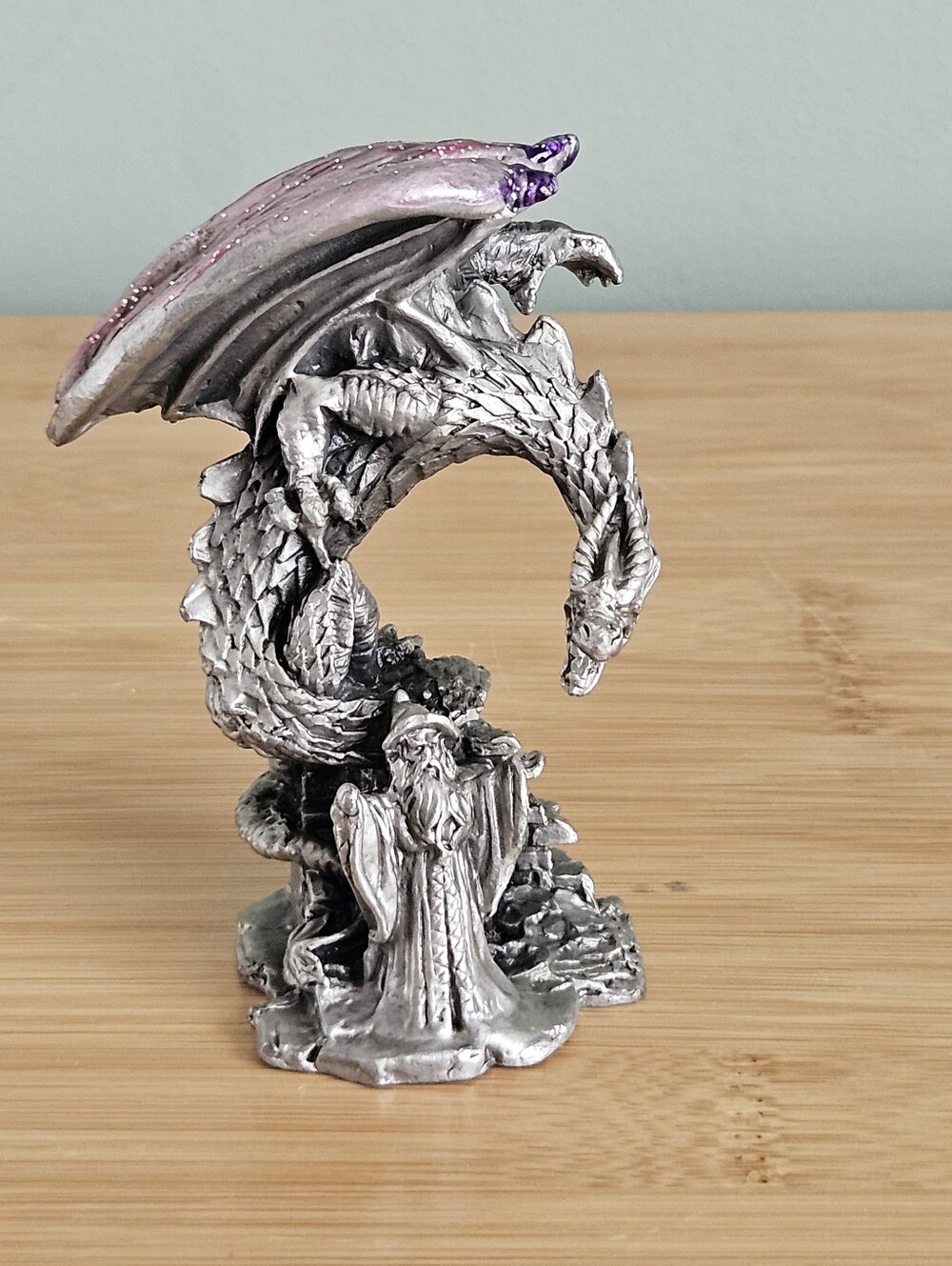 Silver Dragon & Wizard Fantasy Figurine Metallic Purple Wings 3D 3.5 in